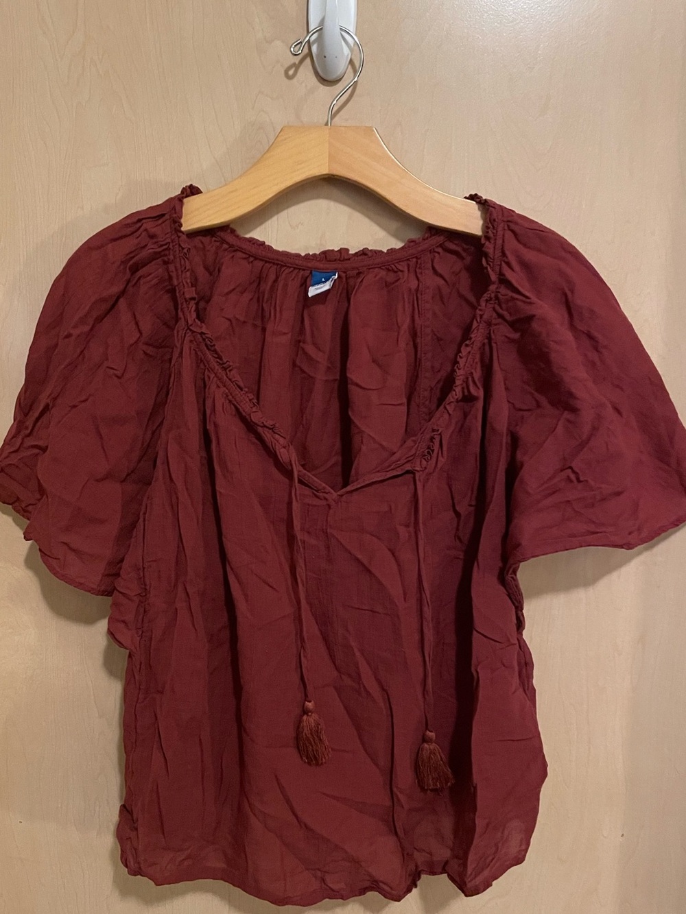 Old Navy Burgundy Peasant Blouse with Tassel Tie